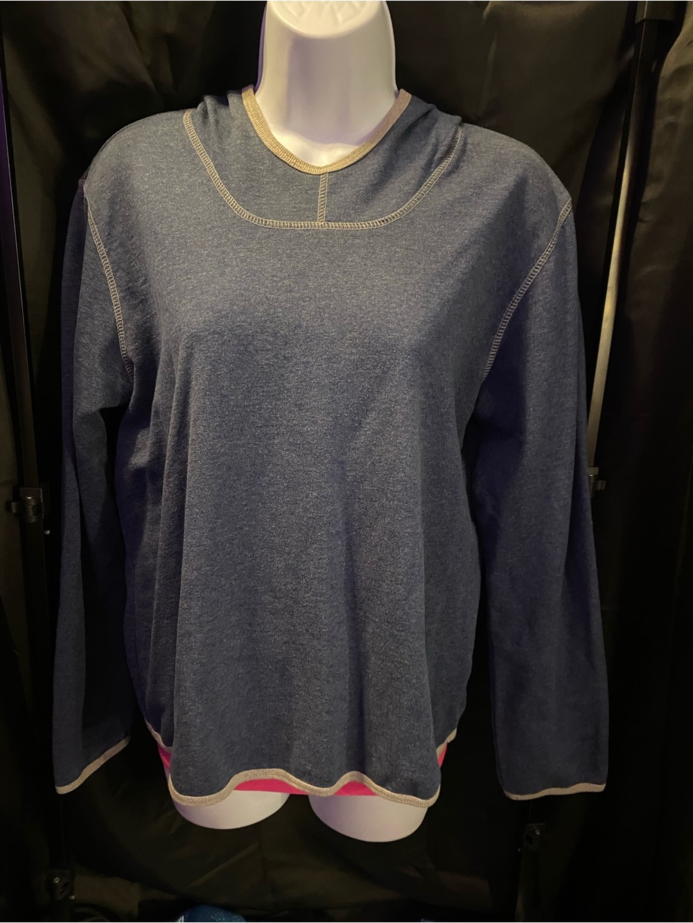 Women's Blue Long-Sleeve Hooded pullover Crewneck Top